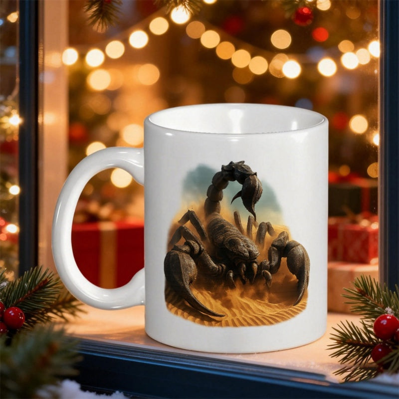 Tailorly White Ceramic 11 oz Mug - Majestic Desert Creature With Pincers Crawling Across Golden Rippling Sand Scorpion