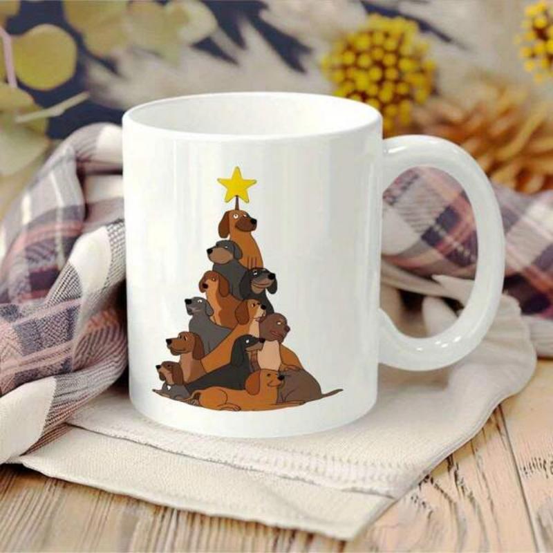Tailorly White Ceramic 11 oz Mug - Festive Cute Dogs Stacked In A Holiday Tree Shape Under A Glowing Star Dachshund