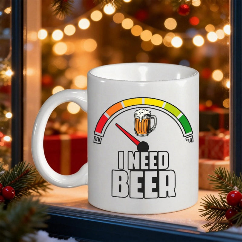 Tailorly White Ceramic 11 oz Mug - I Need Beer Colorful Fuel Gauge Meter Pointing To A Cold Refreshing Frosted Beer