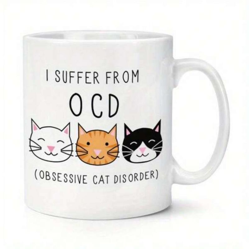 Tailorly White Ceramic 11 oz Mug - I Suffer From OCD Obsessive Cat Disorder Three Cute Minimalist Cartoon Heads Resting Under Playful Text Cat