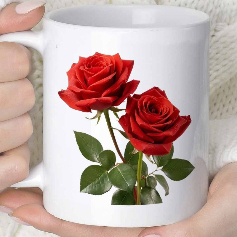 Tailorly White Ceramic 11 oz Mug - Elegant Pair Of Vibrant Blooming Red Roses With Lush Green Leaves Rose