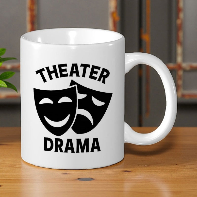 Tailorly White Ceramic 11 oz Mug - Theater Drama Classic Comedy And Tragedy Silhouette Set Within A Minimalist Artistic Design Masks