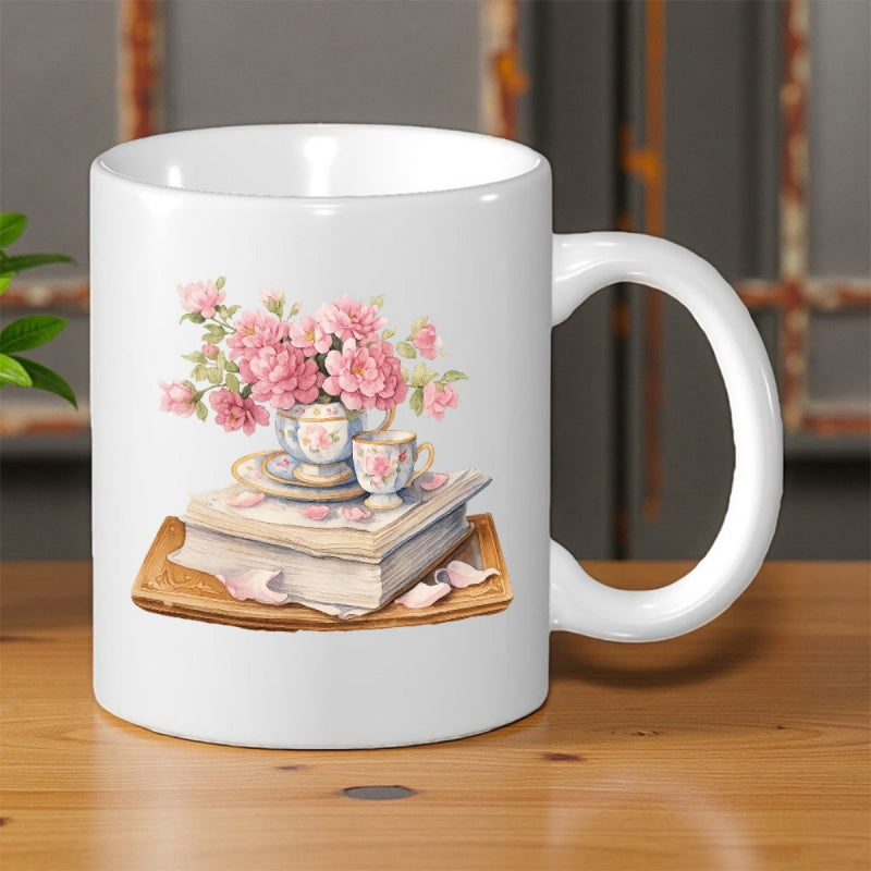 Tailorly White Ceramic 11 oz Mug - Vintage Watercolor Pink Roses In Teacup Resting Upon Old Stacked Books Bouquet