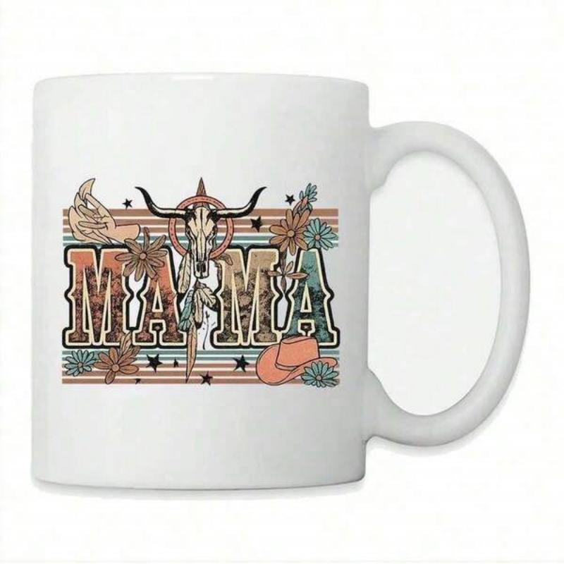 Tailorly White Ceramic 11 oz Mug - Mama Rustic Western Elements With Bull Skull And Desert Cacti Accents Mama