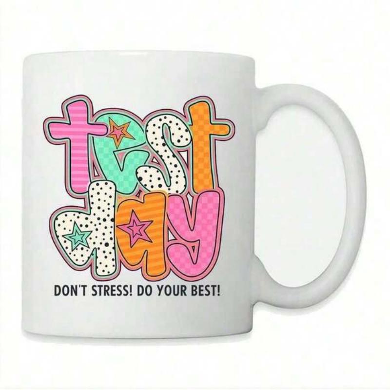 Tailorly White Ceramic 11 oz Mug - Test Day Dont Stress Do Your Best Colorful Patterned Bubble Letters Featuring Vibrant Stars And Playful Polka Dots Mug