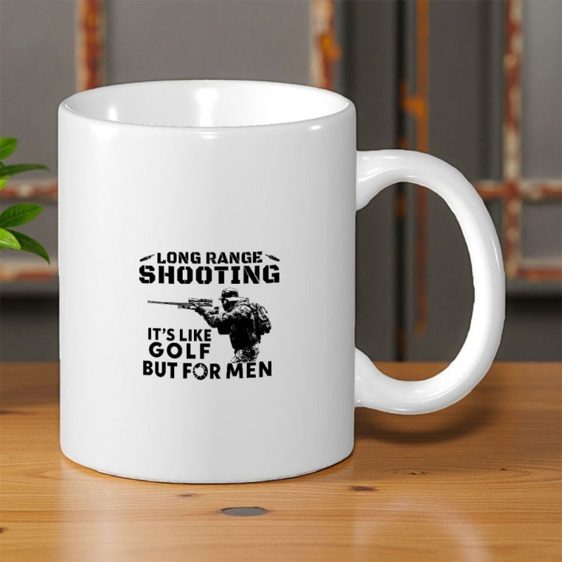 Tailorly White Ceramic 11 oz Mug - Long Range Shooting Its Like Golf But For Men Black Silhouette Of Armed Soldier Aiming A Tactical Long Rifle Sniper