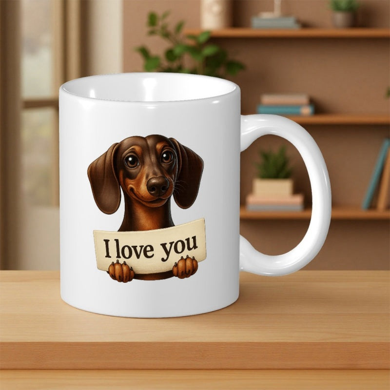 Tailorly White Ceramic 11 oz Mug - I Love You Adorable Brown Puppy Peeking From Behind A Heartfelt Paper Sign Dachshund