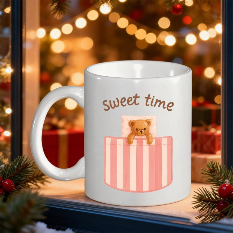 Tailorly White Ceramic 11 oz Mug - Sweet Time Adorable Little Brown Teddy Peeking Out From A Pink Striped Pocket Bear