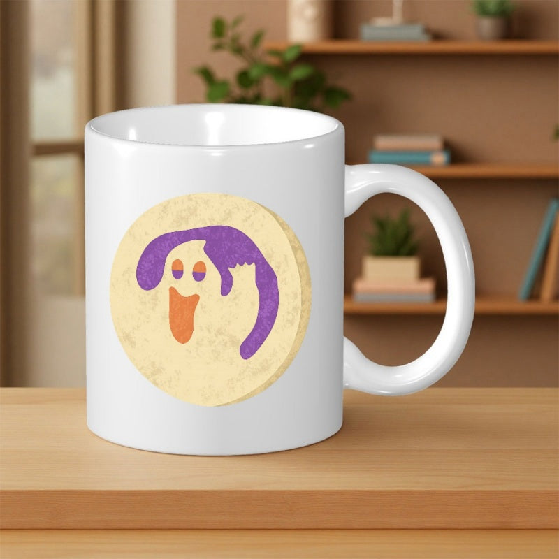 Tailorly White Ceramic 11 oz Mug - Minimalist Textured Yellow Circle Featuring A Purple Cartoon Floating Friendly Spirit Ghost