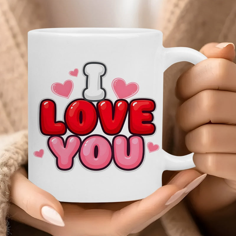 Tailorly White Ceramic 11 oz Mug - I Love You Vibrant Pink And Red Bubble Text Surrounded By Floating Romantic Heart