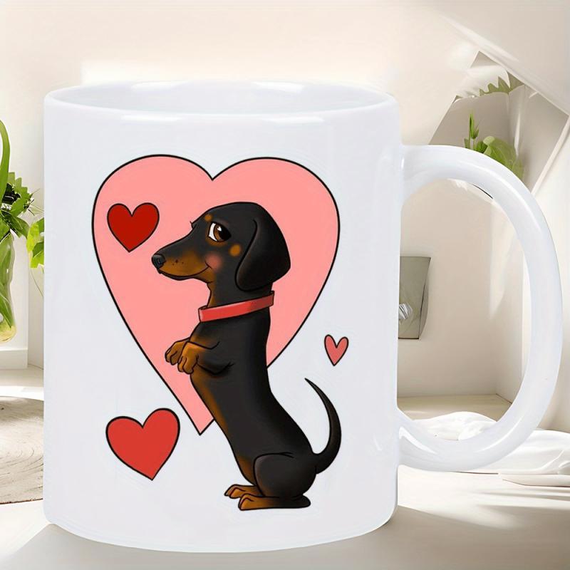 Tailorly White Ceramic 11 oz Mug - Adorable Cartoon Black And Tan Wiener Dog Sitting Among Hearts Dachshund
