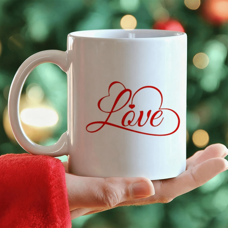 Tailorly White Ceramic 11 oz Mug - Love Elegant Cursive Script Integrated With Delicate Red Heart Outline Shapes Heart