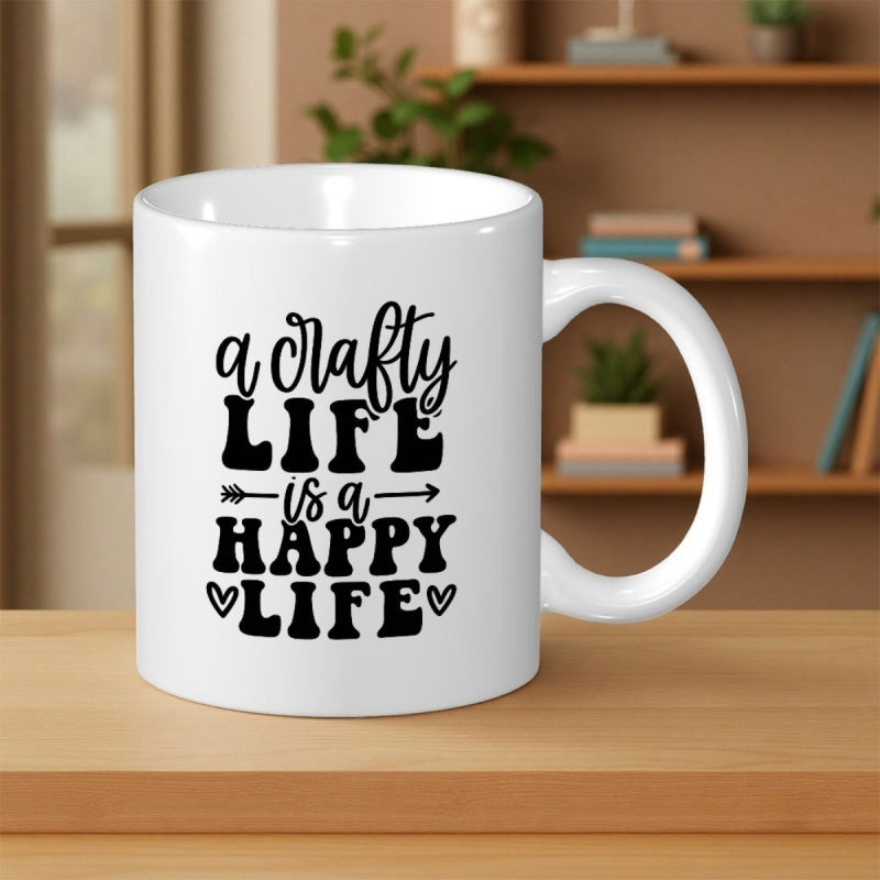 Tailorly White Ceramic 11 oz Mug - A Crafty Life Is A Happy Life Minimalist White Ceramic Vessel Featuring Decorative Inspirational Typography And Arrows Mug