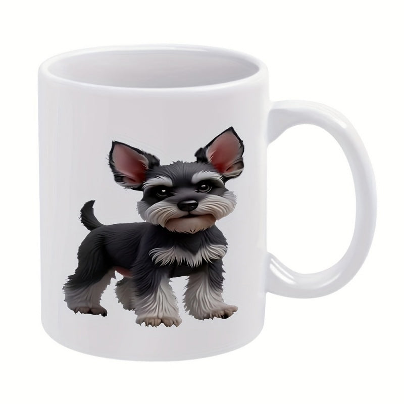 Tailorly White Ceramic 11 oz Mug - Adorable Stylized Black And White Miniature Schnauzer Standing With Upright Ears Schnauzer