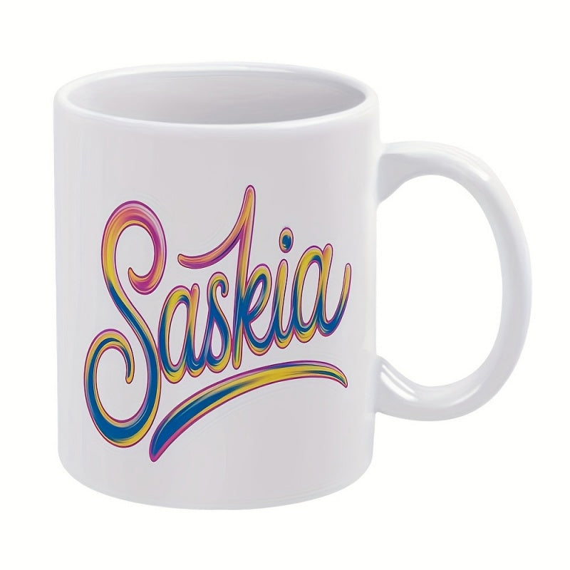 Tailorly White Ceramic 11 oz Mug - Saskia Vibrant Gradient Colors With Flowing Script And Artistic Underline Mug