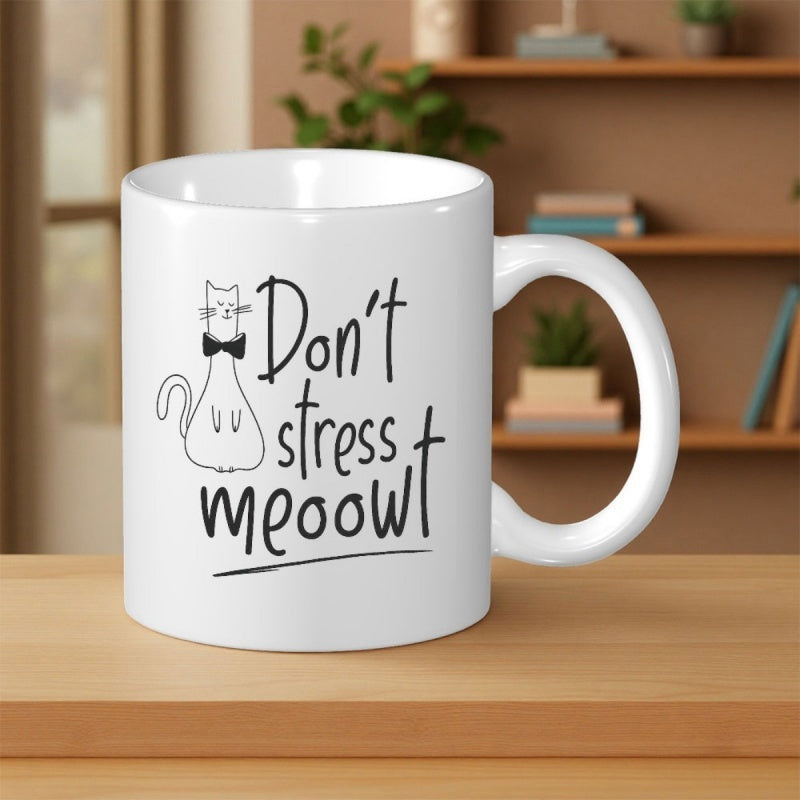 Tailorly White Ceramic 11 oz Mug - Don't Stress Meoowt Elegant Minimalist Line Drawing Feline Wearing Stylish Formal Small Bowtie Cat