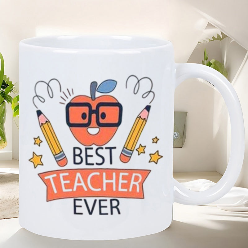 Tailorly White Ceramic 11 oz Mug - Best Teacher Ever Cute Cartoon Apple Wearing Glasses Flanked By Pencils And Stars Mug
