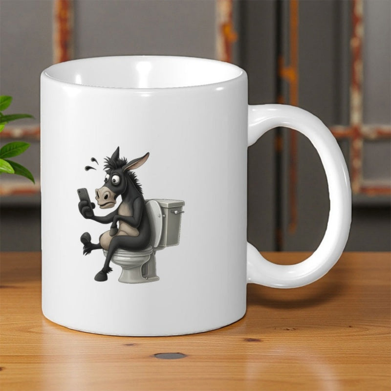 Tailorly White Ceramic 11 oz Mug - Funny Cartoon Character Sitting On Porcelain Toilet Holding A Mobile Phone Donkey