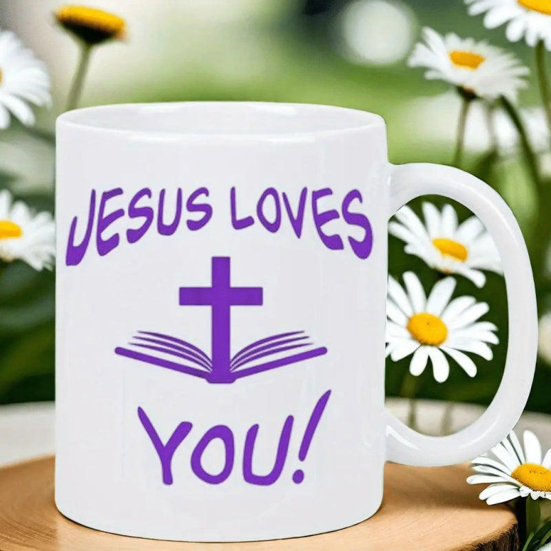 Tailorly White Ceramic 11 oz Mug - Jesus Loves You Religious Open Bible Supporting A Radiant Sacred Christian Cross