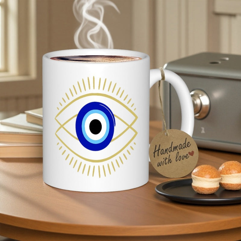 Tailorly White Ceramic 11 oz Mug - Handmade With Love Radiant Golden Sunburst Symbol With Sacred Blue Nazar Protection Eye