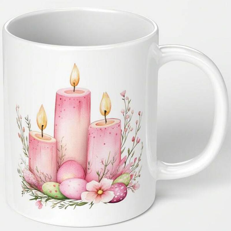 Tailorly White Ceramic 11 oz Mug - Graceful Watercolor Pink Glowing Flames Among Spring Blossoms And Seasonal Easter Eggs Candle