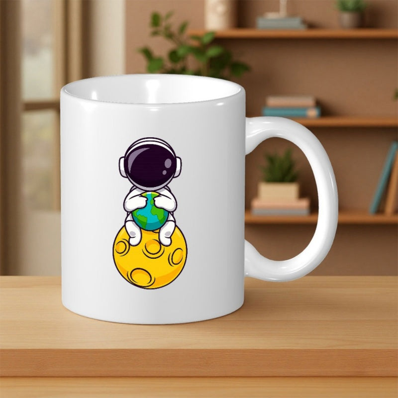 Tailorly White Ceramic 11 oz Mug - Cute Cartoon Spaceman Sitting On Yellow Moon Holding Small Planet Astronaut