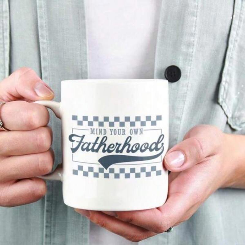 Tailorly White Ceramic 11 oz Mug - Mind Your Own Fatherhood Vintage Sports Style Design Featuring Checkered Pattern And Script Artwork