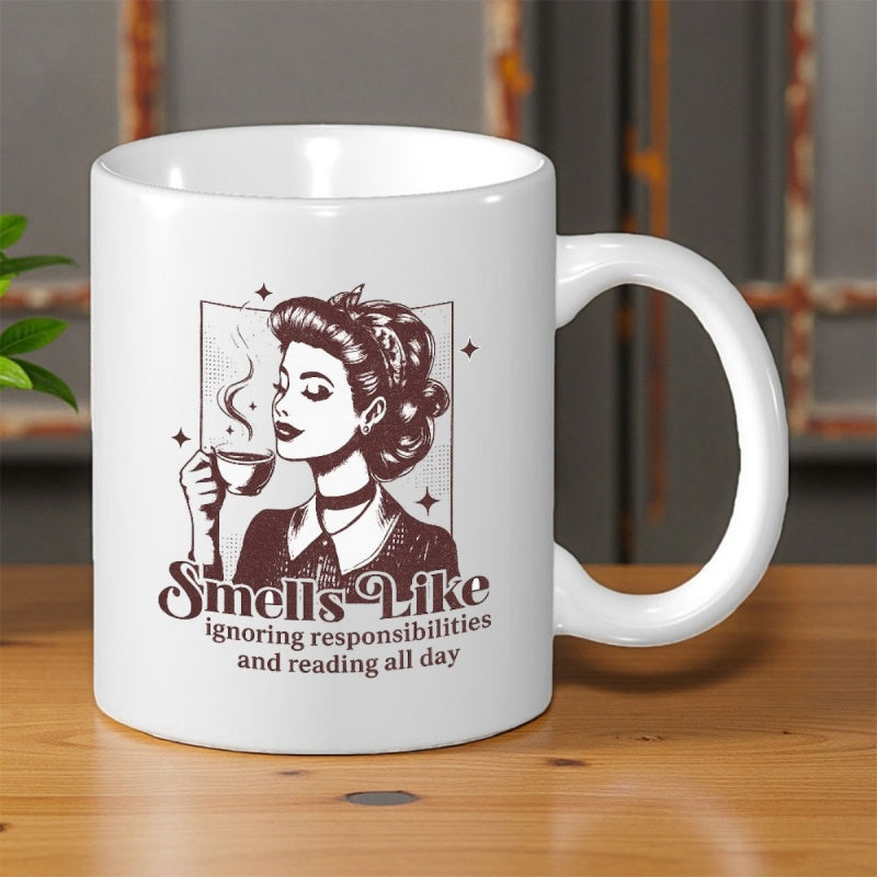 Tailorly White Ceramic 11 oz Mug - Smells Like Ignoring Responsibilities And Reading All Day Vintage Style Retro Illustration Of A Woman Holding Steaming Coffee