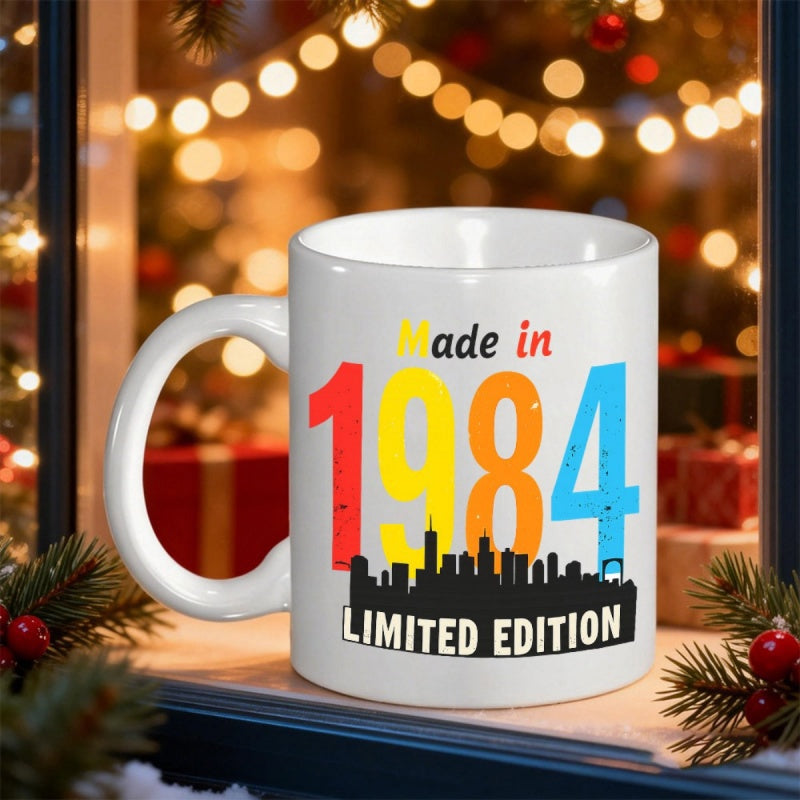 Tailorly White Ceramic 11 oz Mug - Made In 1984 Limited Edition Vibrant Colorful Numbers Over A Bold City Skyline Silhouette Mug