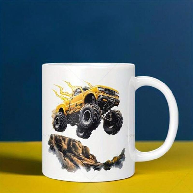 Tailorly White Ceramic 11 oz Mug - Yellow Vehicle Jumping Over Rugged Rocks With Intense Golden Fiery Flames Monster Truck