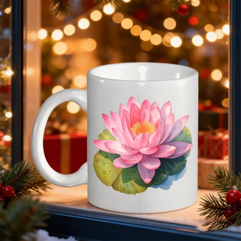 Tailorly White Ceramic 11 oz Mug - Beautiful Pink Watercolor Blooming Flower Among Vibrant Green Lily Pad Leaves Lotus
