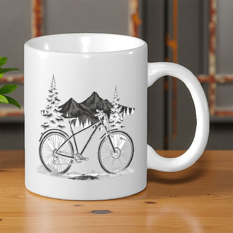 Tailorly White Ceramic 11 oz Mug - Minimalist Mountain Bike Parked In Front Of Rugged Peaks And Pine Trees Bicycle