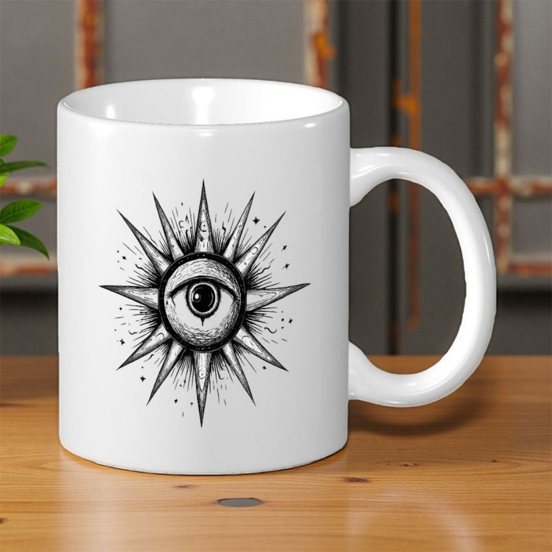 Tailorly White Ceramic 11 oz Mug - Black And White Mystical Starburst With Sharp Rays Surrounding A Central Eye