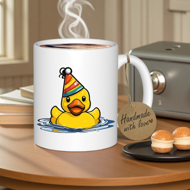 Tailorly White Ceramic 11 oz Mug - Cute Yellow Rubber Wearing Colorful Striped Party Hat Floating On Water Duck