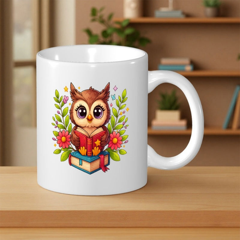 Tailorly White Ceramic 11 oz Mug - Adorable Cartoon Owl Reading Book Among Colorful Flowers And Green Foliage Owl