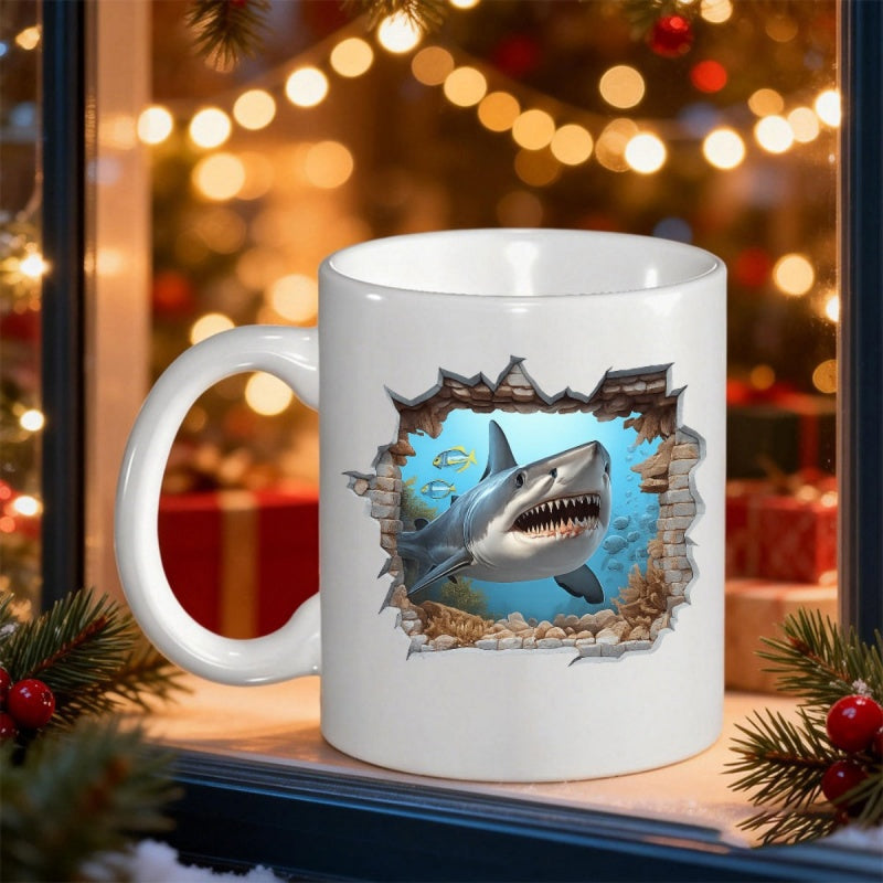 Tailorly White Ceramic 11 oz Mug - Fierce Great White Bursting Through Cracked Wall From Deep Blue Water Shark