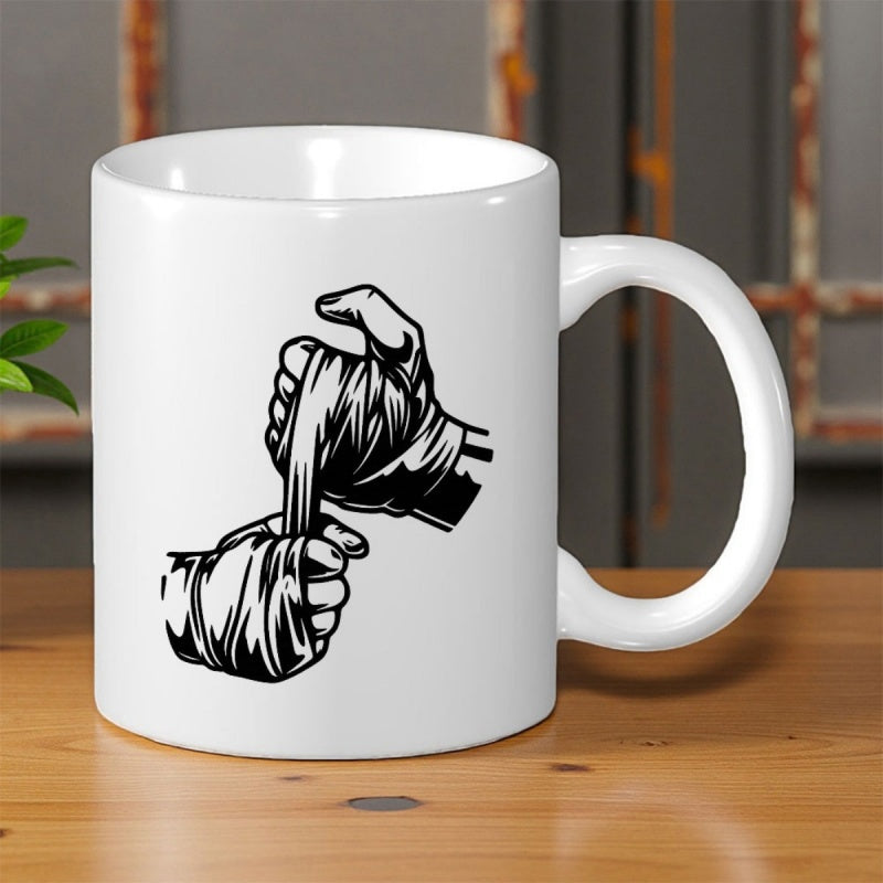 Tailorly White Ceramic 11 oz Mug - Boxer Preparing For Combat By Wrapping Bandages Around Strong Training Hands