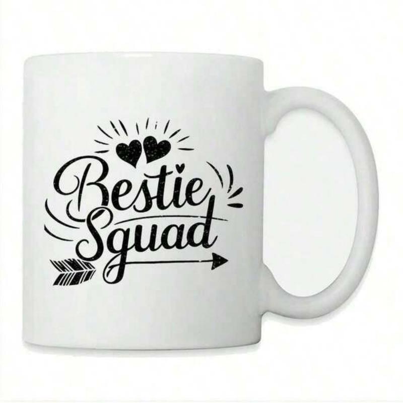 Tailorly White Ceramic 11 oz Mug - Bestie Squad Artistic Hand Lettering Script Among Small Hearts And Pointed Arrow Mug