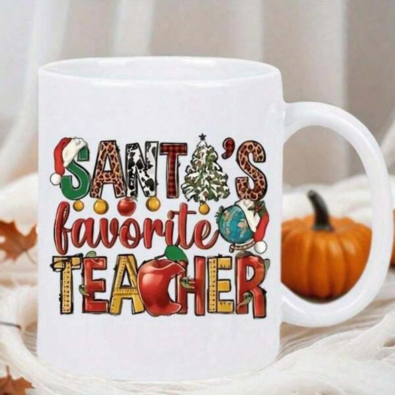 Tailorly White Ceramic 11 oz Mug - Santas Favorite Teacher Festive Christmas Patterns Featuring Red Apple And Pencil Illustration Mug