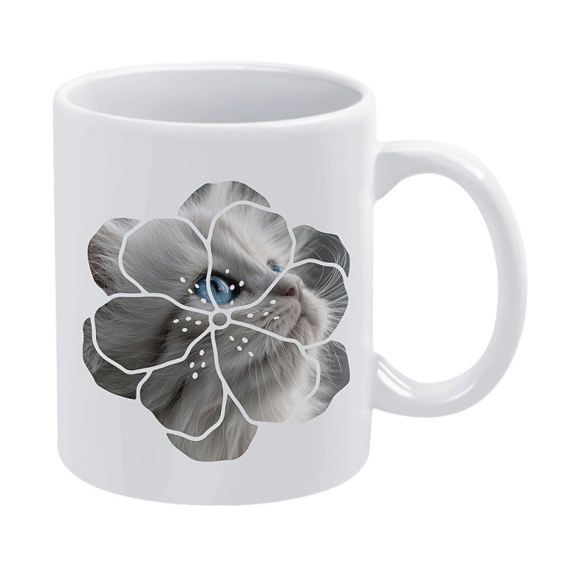 Tailorly White Ceramic 11 oz Mug - Artistic Petal Frame Featuring A Majestic Blue Eyed Fluffy Cat