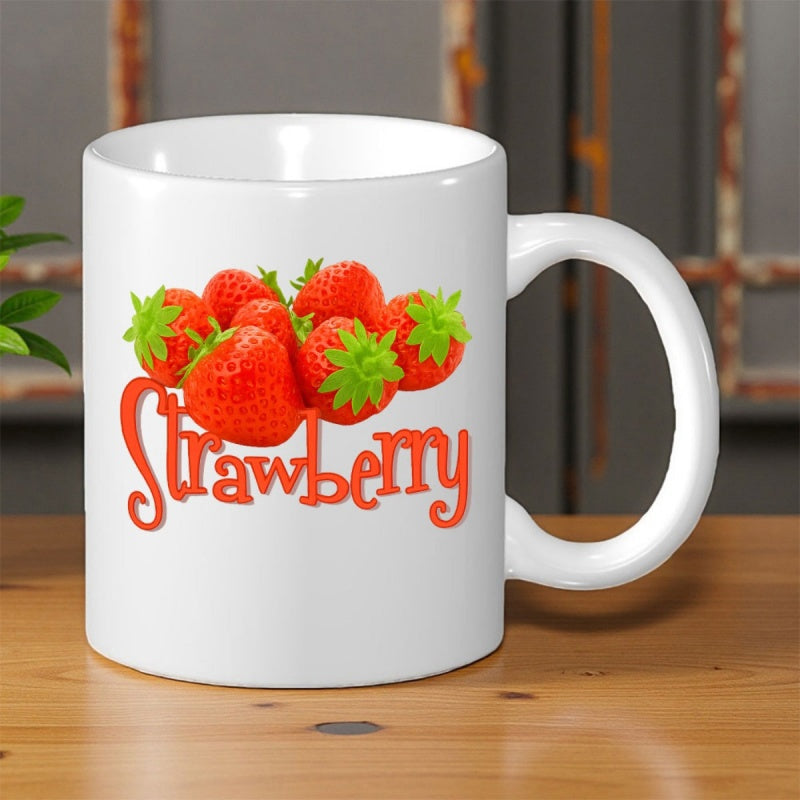 Tailorly White Ceramic 11 oz Mug - Strawberry Fresh Ripened Red Fruit With Green Leaves Arranged In A Bunch Strawberry