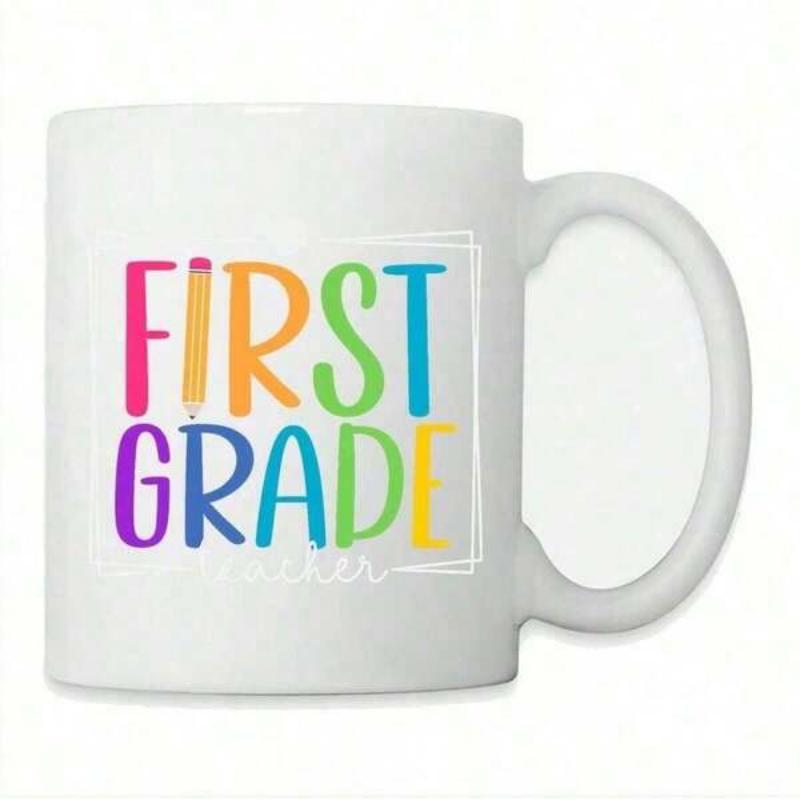 Tailorly White Ceramic 11 oz Mug - First Grade Playful Bright Letters With A School Pencil On