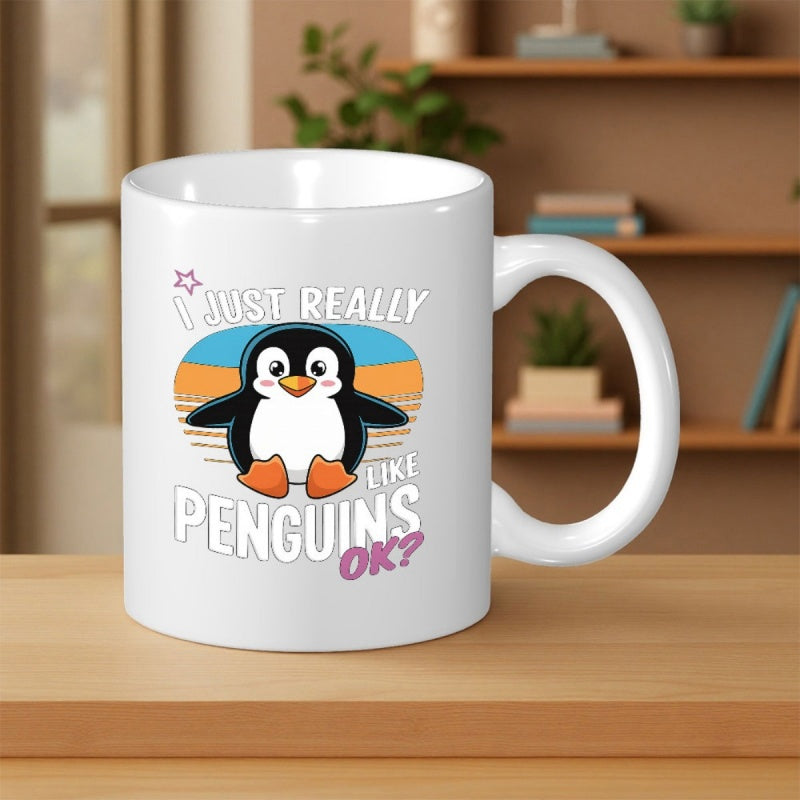Tailorly White Ceramic 11 oz Mug - I Just Really Like Penguins OK Adorable Cartoon Bird Resting Before Vibrant Retro Sunset Skies Penguin