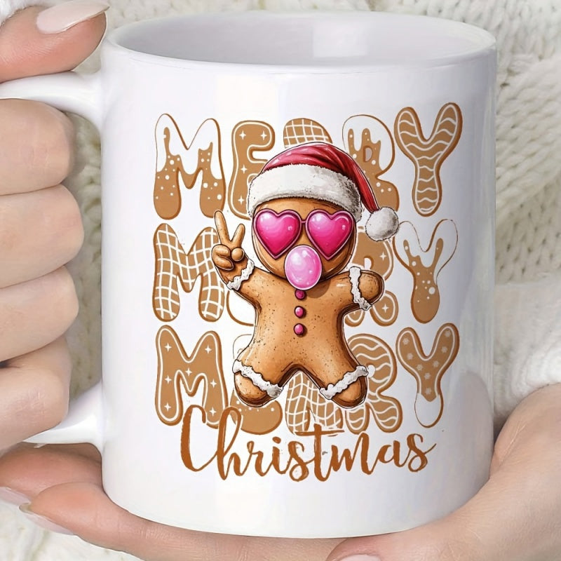 Tailorly White Ceramic 11 oz Mug - Merry Christmas Festive Wearing A Santa Hat And Heart Shaped Pink Sunglasses Gingerbread Man