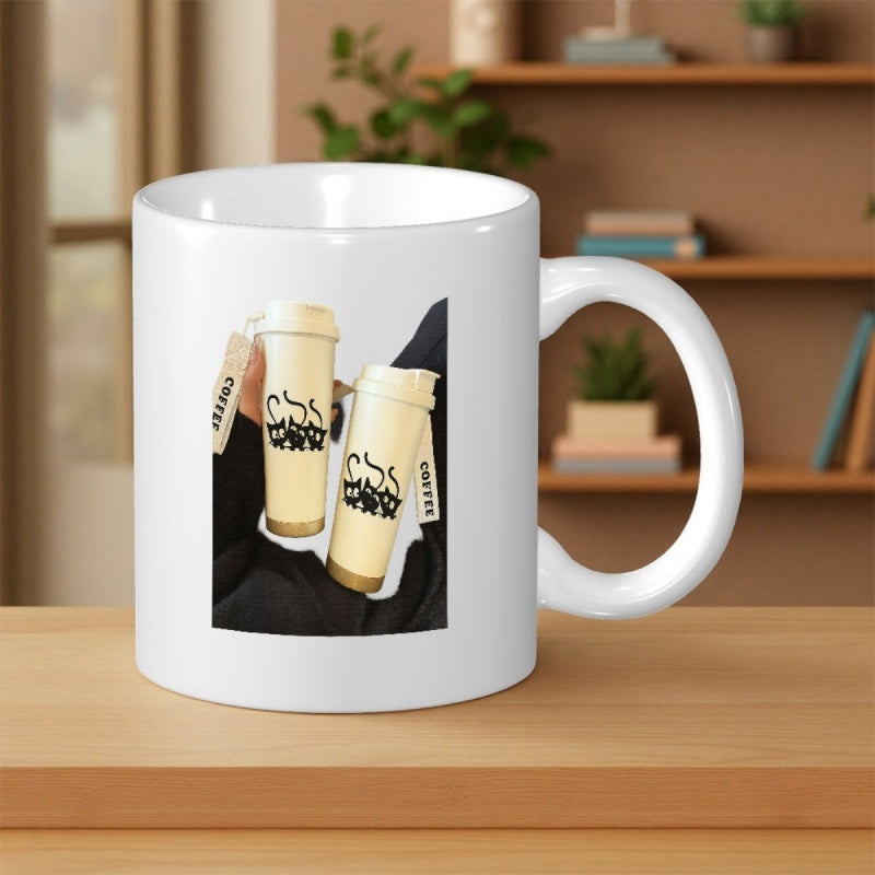 Tailorly White Ceramic 11 oz Mug - Two Creamy Travel Tumblers Held In Hands Over Dark Background Tumbler