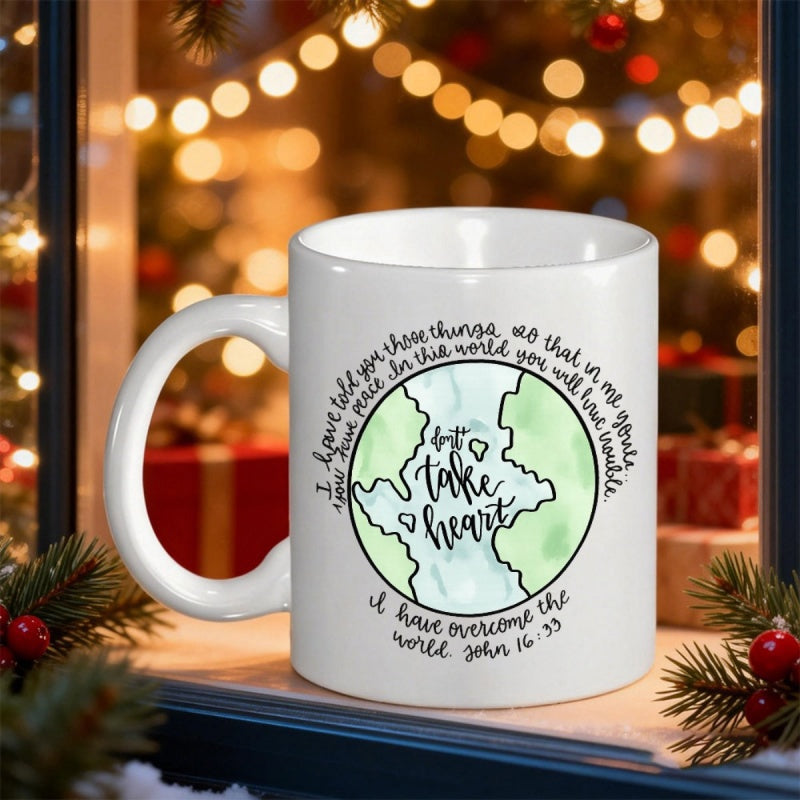 Tailorly White Ceramic 11 oz Mug - Take Heart John Sixteen Thirty Three Watercolor Earth Map Circular Design With Inspirational Religious Bible Verse Quotes Mug