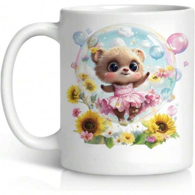 Tailorly White Ceramic 11 oz Mug - Adorable Little Ballerina Dancing Amidst Vibrant Sunflowers And Pastel Bubbles Bear