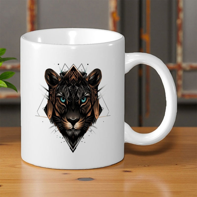 Tailorly White Ceramic 11 oz Mug - Mystical Symmetrical Black Geometric Design Featuring Glowing Blue Eyes Majestic Panther