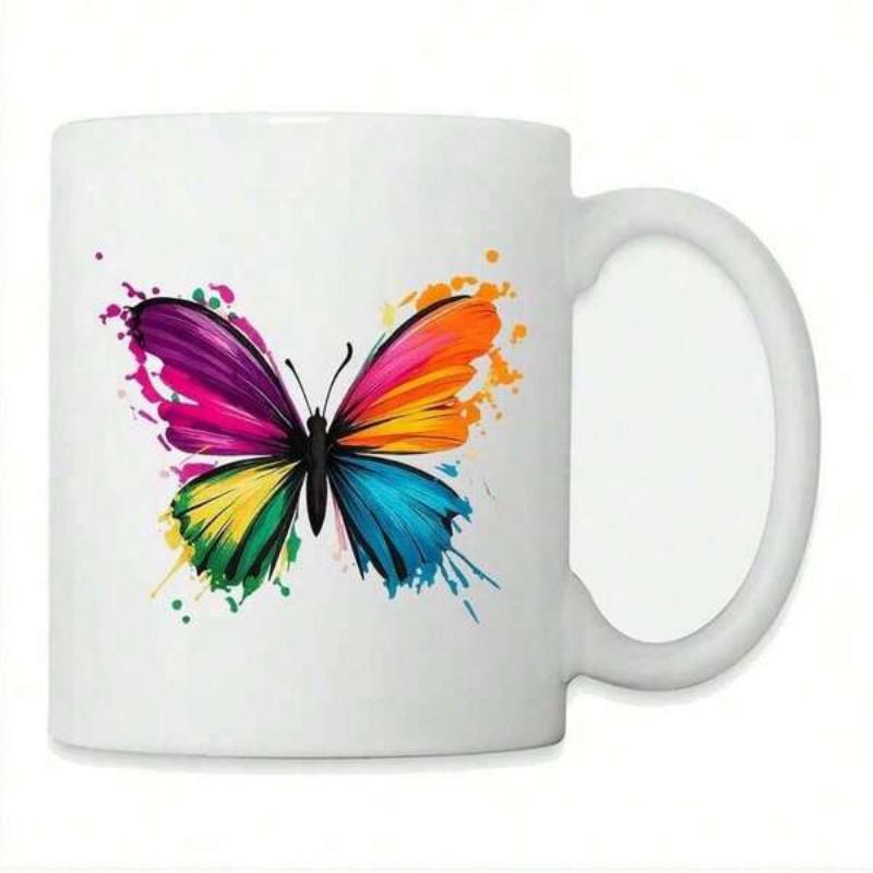 Tailorly White Ceramic 11 oz Mug - Vibrant Colorful Watercolor Splashes Creating A Beautiful Flying Artistic Nature Butterfly