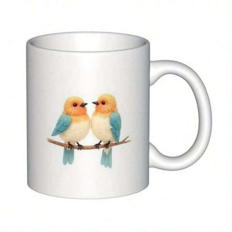 Tailorly White Ceramic 11 oz Mug - Two Colorful Songbirds Perched Together On A Natural Wooden Branch Bird